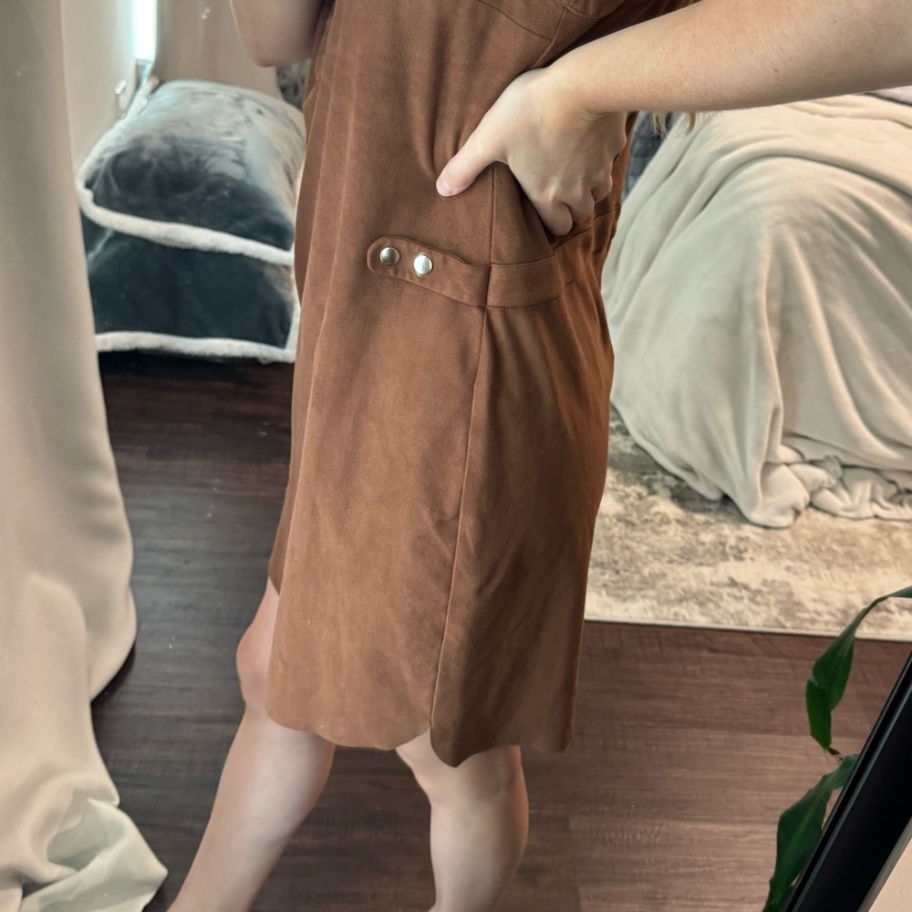State Sleeveless Brown Faux Suede Henley Dress - Picture 8 of 10